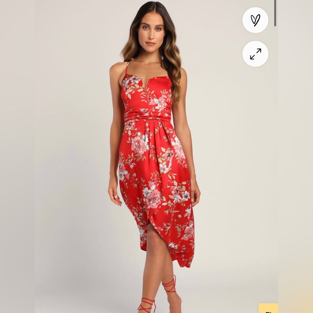 🆕 NWT My Favorite Day Red Floral Print Tulip Skirt Midi Dress